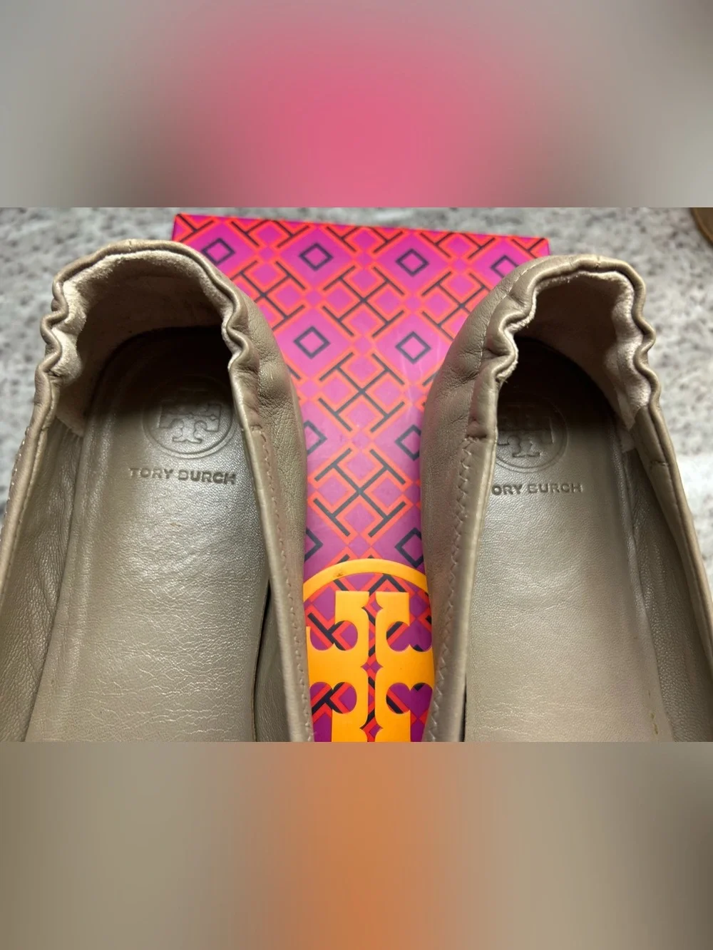 Tory Burch French Gray Leather Minnie Travel Logo Ballet Flats size 8